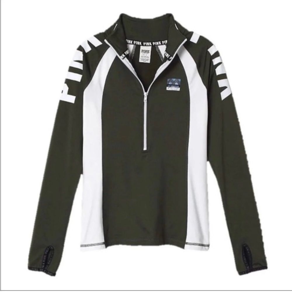 PINK Victoria's Secret Olive and White Quarter-Zip Top